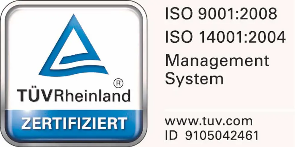 Logo des TÜV Rheinland mit der ISO 9001 und ISO 14001 Zertifizierung